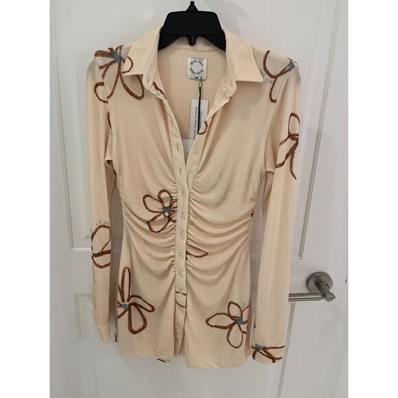 NWT With Jean Dress Andy Textured Button-Down Mini Cream Chalk & Flowers XXS - Picture 3 of 10